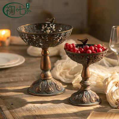 仿古关A2838铜玄装饰摆件铁艺高脚水果托美食式复古盘民宿装饰品
