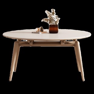 奶油风实木岩板折叠伸缩餐桌可变圆桌家用小户型原木色方圆两用桌