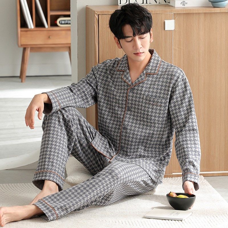 睡衣男士春秋纯棉长袖翻领秋款中年爸爸男款秋冬季家居服套装大码