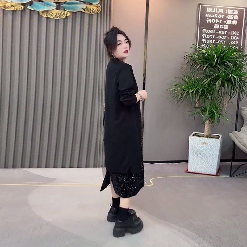 加大码女装圆领长袖交叉底摆外套亮片半身裙胖妹妹时尚显瘦两件套