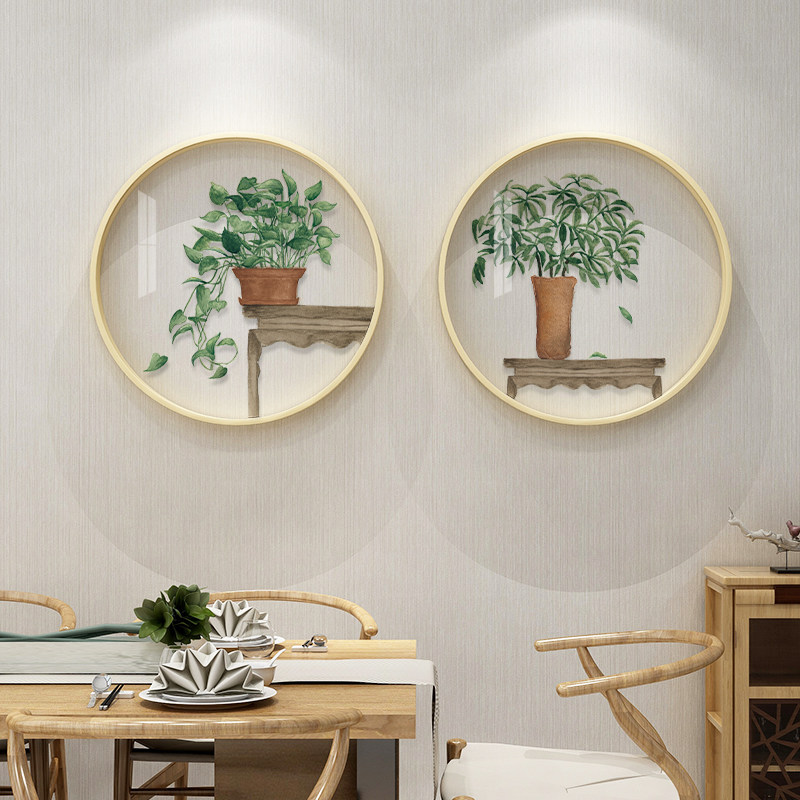圆形绿植装饰画新中式餐厅饭厅小清新挂画客厅绿色植物背景墙壁画