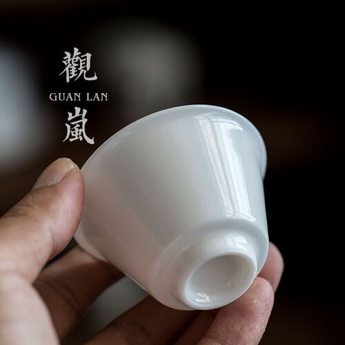观岚手工玉白瓷功夫茶具套装小套家用纯白色泡茶盖碗茶杯薄胎套组
