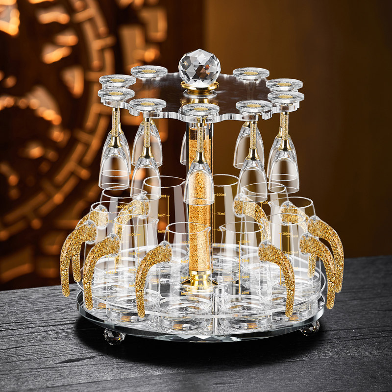 轻奢金箔水晶白酒杯玻璃高脚烈酒杯两钱中式分酒器家用收纳套装
