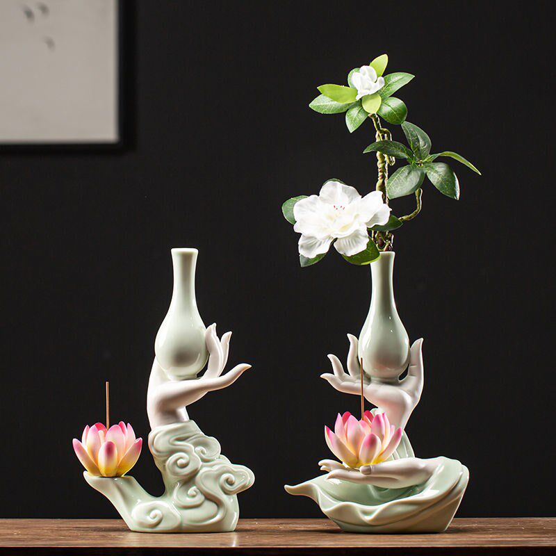 陶瓷佛手花瓶花插摆件家用线香插禅意莲花家居室内博古架装饰摆设