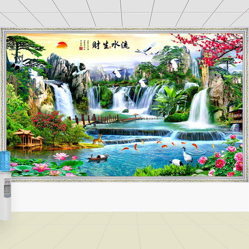 流水生财山水风景画自粘墙贴客厅沙发背景墙装饰画聚宝盆壁画墙布