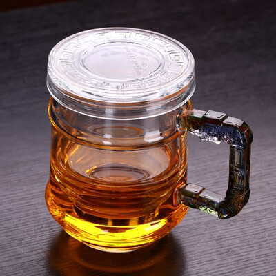 CHIKAO奇高办公杯耐高温大汉玻璃杯加厚花茶杯带盖茶水分离400ML