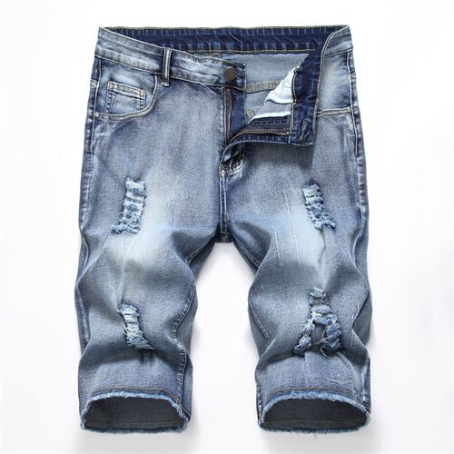 Mens Denim Shorts Sretch Hole Grinding Shorts Light lor K12