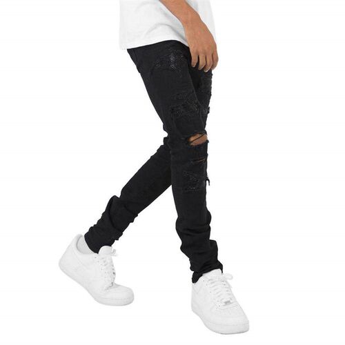 Plaid black mens jeans stretch mens jeans
