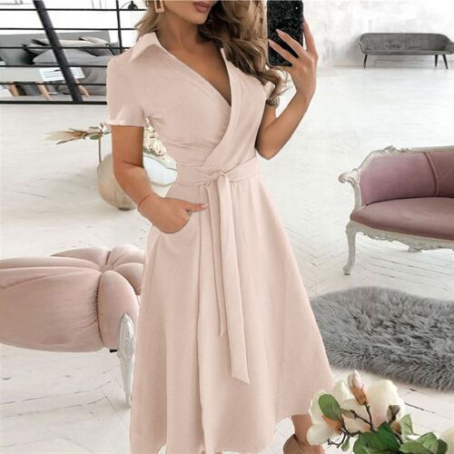 Summer Womens A-Line Dress Fashion Elegant Solid V-neck