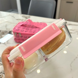 Kt猫咪玻璃饭盒耐高温分格饭盒带保温袋学生办公室带饭可微波炉用