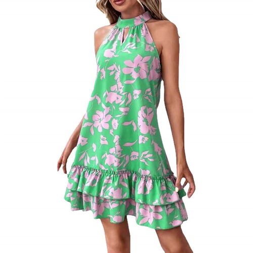 Hanging neck ruffle print sleeveless dress