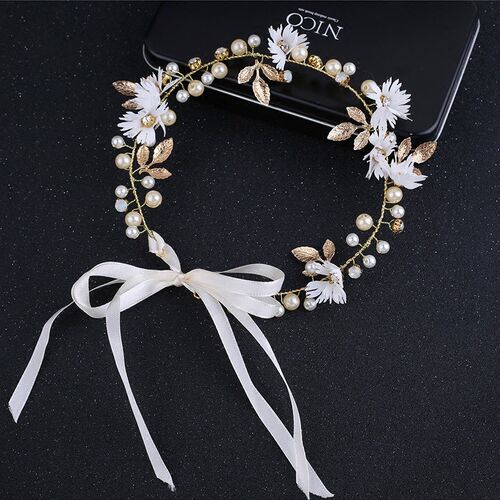 Women Pearl Flower Headband Bridal Garland Headdress Wedding