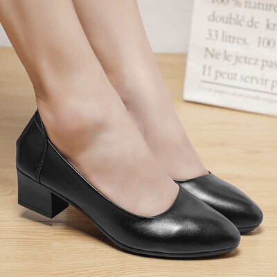 Womens Casual Shoes Soft Leather Thick Heel Pointed Profess