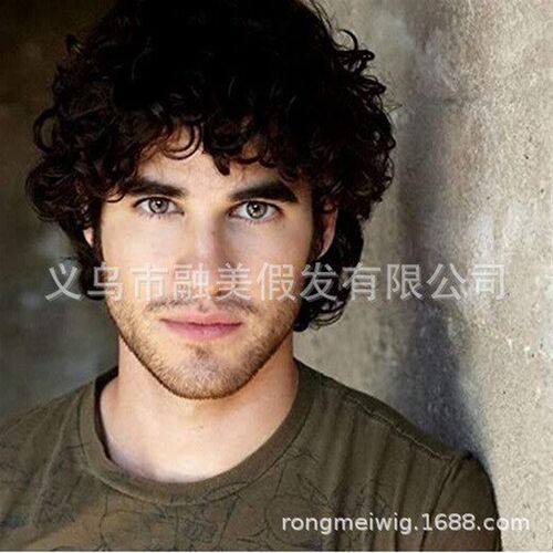 Mens Wig Slanted Bangs Short Curly Hair Rose Mesh Head ver