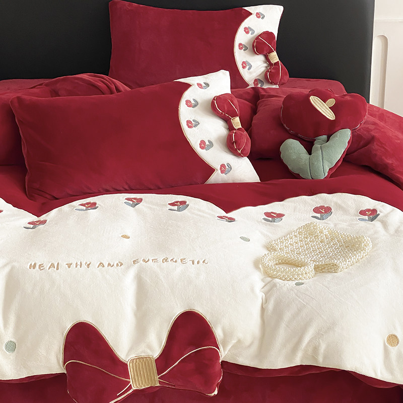 少女心喜庆花朵布贴绣四件冬天珊瑚绒加厚保暖结婚被,床上用品,婚庆床品套件,淘宝优惠券,粉丝福利购,淘宝优惠卷