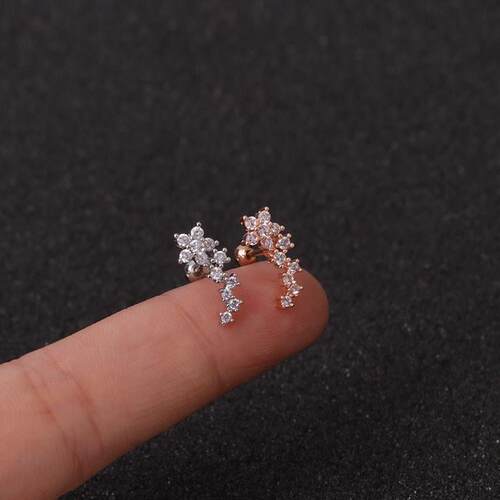 1Piece Curved Cz Cartilage Stud Helix Rook Conch Screw Back