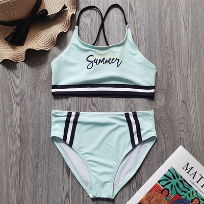7-14 Years Girl Swimsuit Kids High Waist Bikini Set Solid Ri
