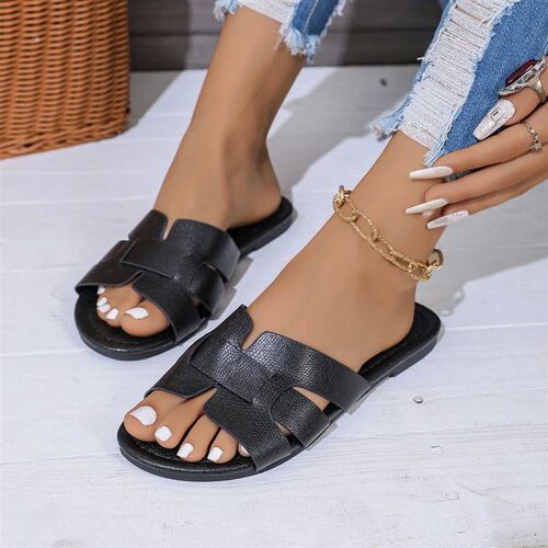 Womens Black Flat Slippers Open Heel Sandals Casual Beach