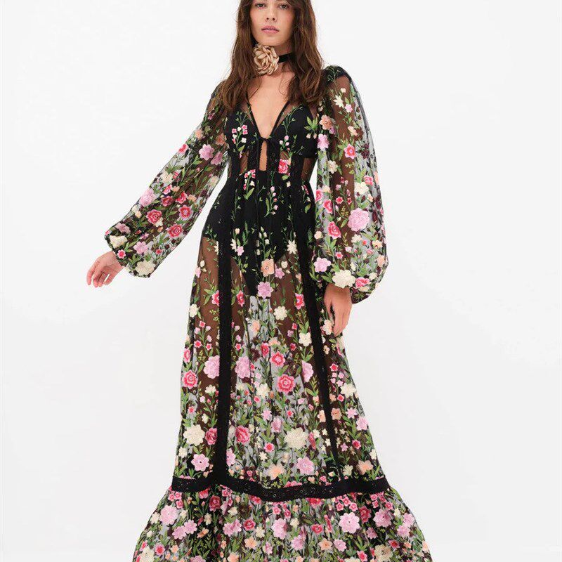 Women Summer Long Beach Dress Long Sleeve V Neck Backless图片