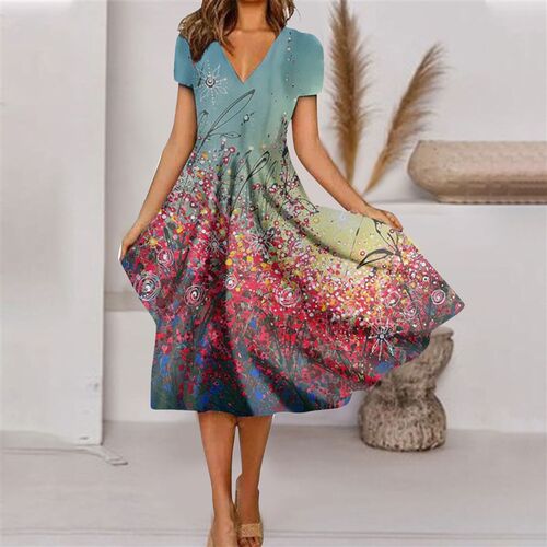 Summer New Womens Dresses Short Sleeve V Neck Floral