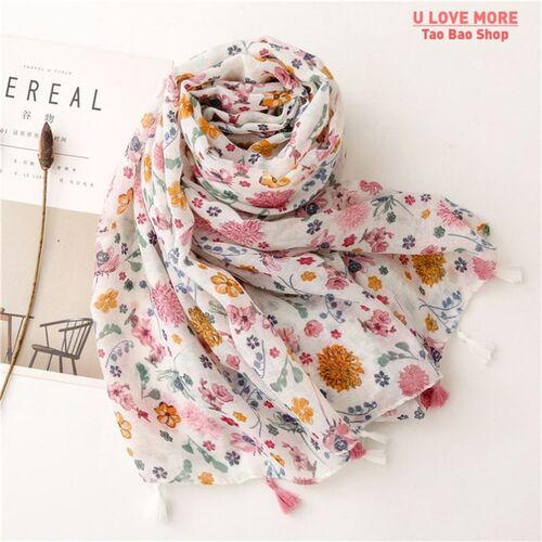 2023 Spain Lovely Polka Floral Tassel Viscose Shawl Scarf