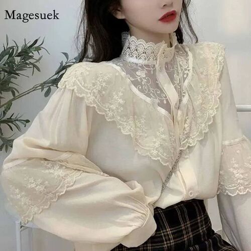 Fashion Korean Lace Up Ruffled Blouses Women Autumn Sweet Lo