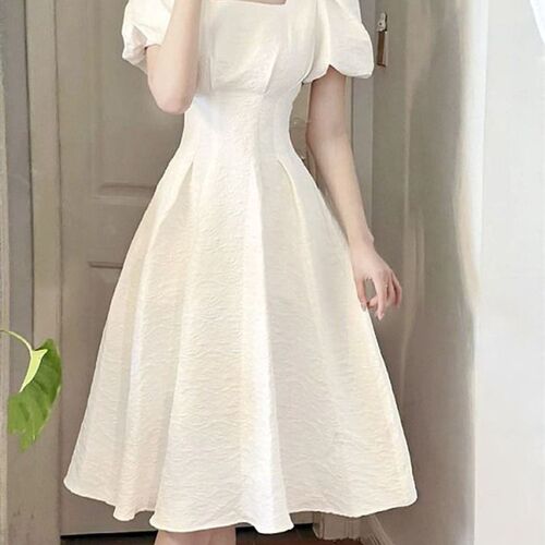 Vintage Dress Women Summer Square Collar Puff Sleeve High