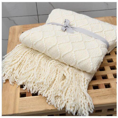 Inya Chunky Knit Blanket Beige Soft Tassel Plaid Weight Blan