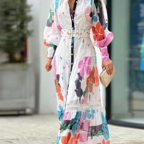 Elegant Pattern Print Long Sleeve Party Dress Spring Stand