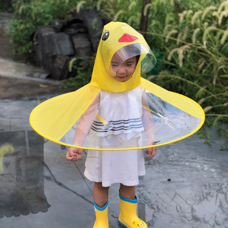 儿童飞碟雨衣小黄鸭宝宝遮雨帽幼儿园男童斗篷式透明折叠雨伞帽