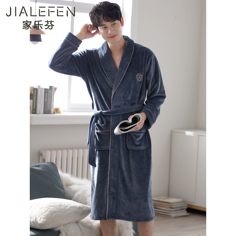 法兰绒睡袍男士春秋季薄款长袖浴袍珊瑚绒大码连体睡款秋冬款冬季