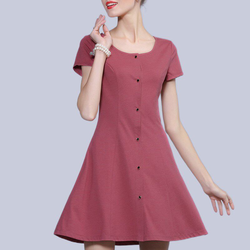 大码女装针织弹力短袖圆领连衣裙夏季女收腰收腰休闲衬衫t