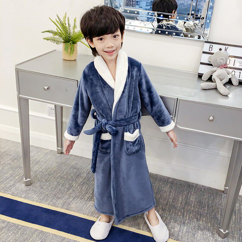 儿童浴袍珊瑚绒睡袍秋冬季法兰绒小孩宝宝男童睡衣中大童翻领长款