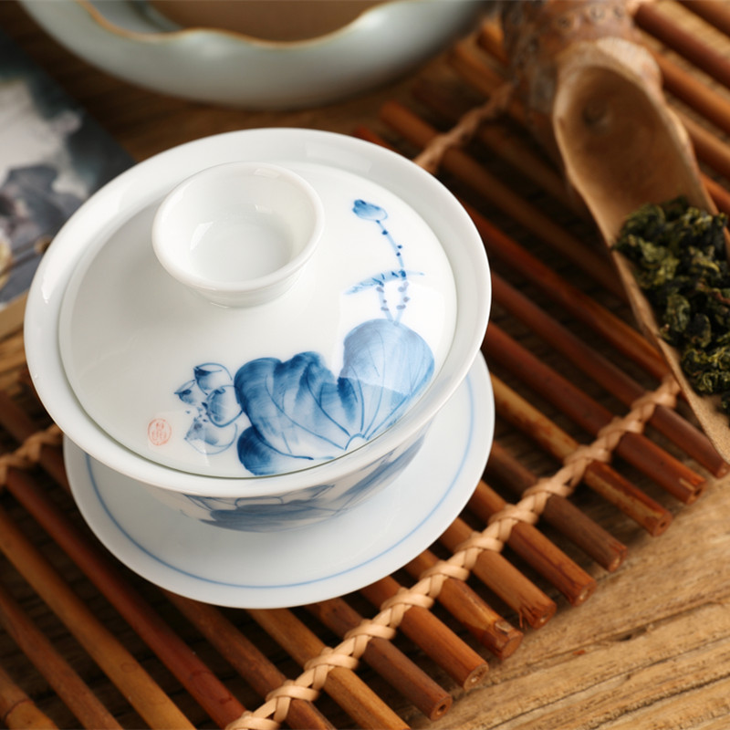 手绘荷花盖碗茶杯 景德镇青花瓷茶碗大号三才杯陶瓷功夫茶具 包邮