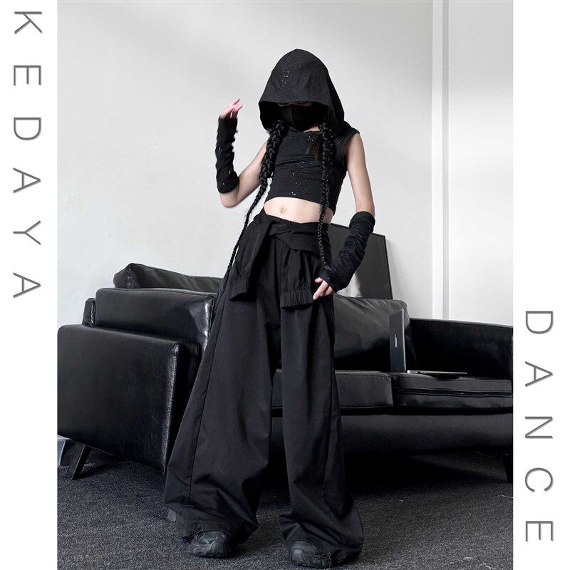 夏季新款童装潮酷女童废土风连帽无袖上衣假两件工装裤爵士舞套装