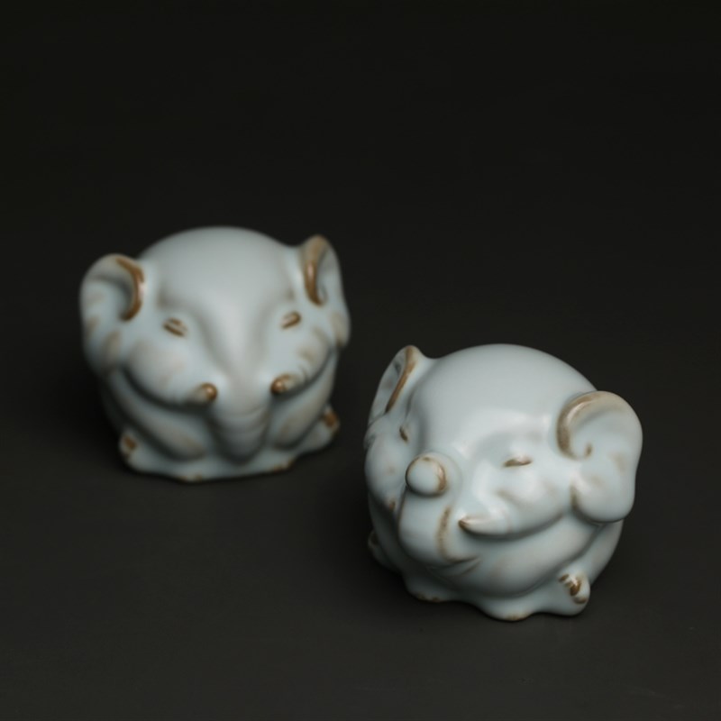 汝窑吉象卡通大象开片茶宠可养茶玩猛犸象摆件小摆设厚重纸镇家居
