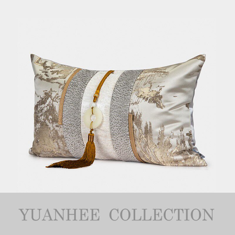 元熙壹品新中式样板房客厅沙发抱枕靠垫灰金抽象山纹加玉卧室腰枕