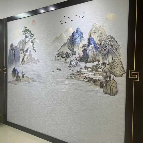言绣独绣墙布背景墙布独秀山水刺绣溪山隐秀沙发背景中式电视壁画