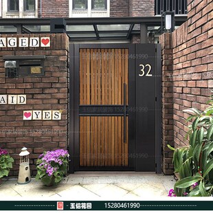 定做不锈钢配木纹铝管别墅庭院门围墙大门双开门庭院门母子门