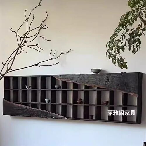 侘寂风博古架实木茶杯架中式多宝阁壁挂式置物古董架子格架层架