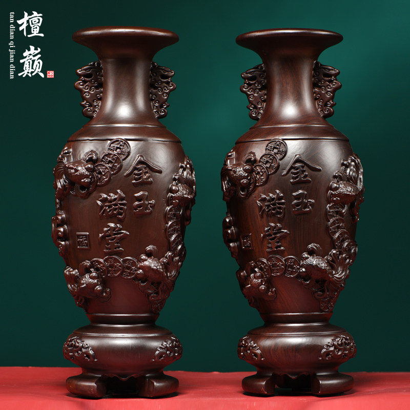 黑檀木雕金玉满堂花瓶摆件家居电视柜插花装饰新居乔迁送礼工艺品
