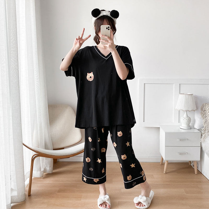 大码女士睡衣夏季黑色胖女孩纯棉短袖V领两件套装家居服胖mm200斤