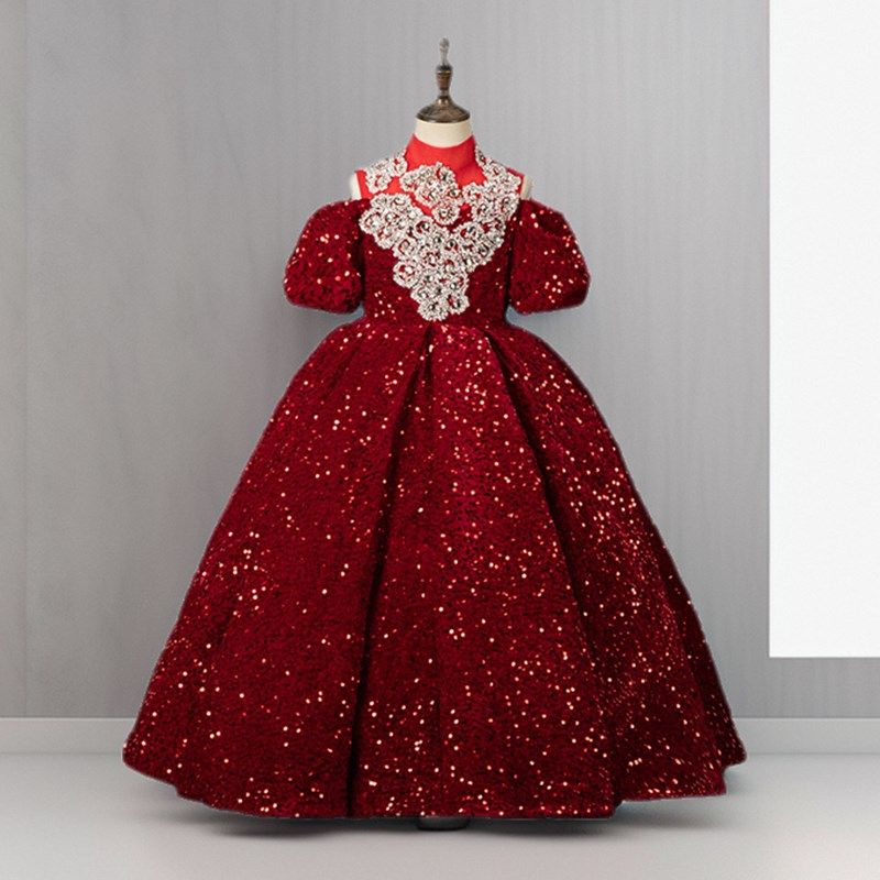 儿童礼服公主裙女童高端红色亮片年会主持晚礼服小女孩舞台演出服