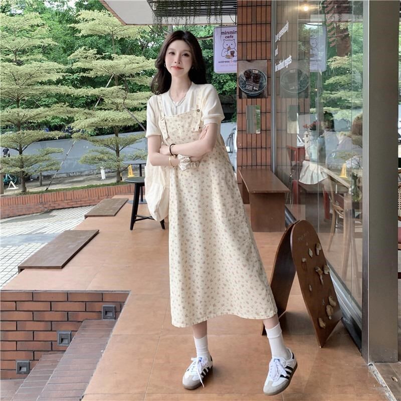 港风复古牛仔背带连衣裙女2024夏季新款小清新碎花无袖大码吊带裙