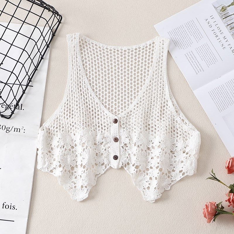 背心女夏外穿勾花镂空V领无袖针织马甲薄款外搭洋气上衣短款外套,女装/女士精品,马夹,淘宝优惠券,粉丝福利购,淘宝优惠卷