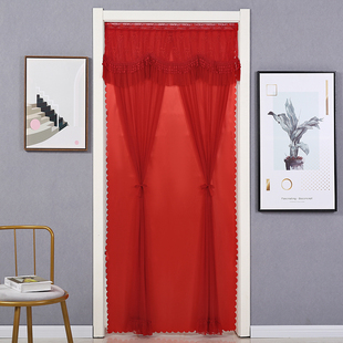免打孔婚庆用品大红门帘结婚房喜庆防蚊纱蕾丝帘隔断帘家用长款