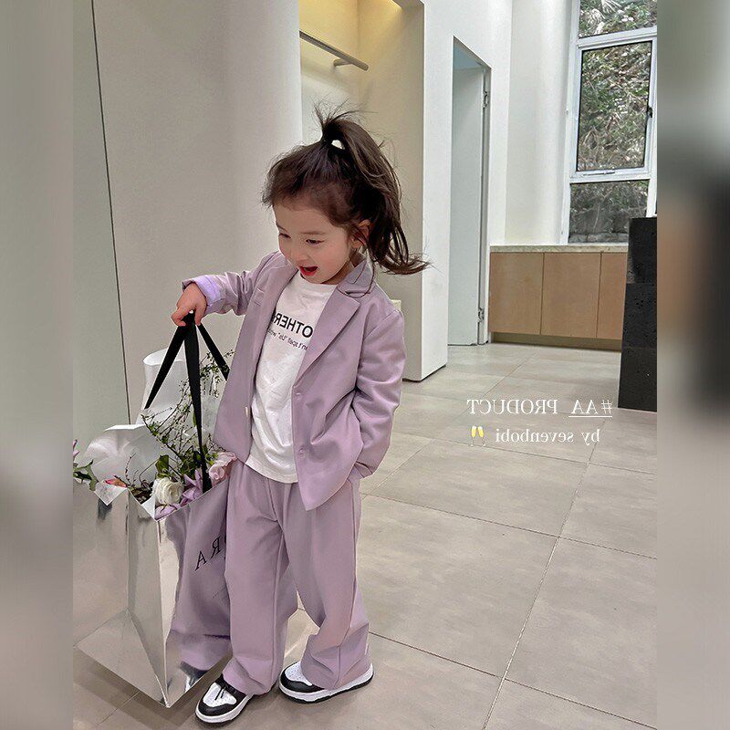 女童西服休闲套装2024春秋季新款宝宝百搭外套+直筒裤两件套
