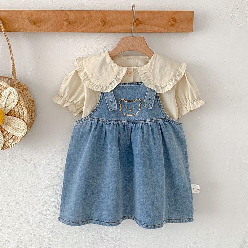 女宝牛仔背带裙套装夏季女童衣服夏装洋气连衣裙短袖裙连衣裙