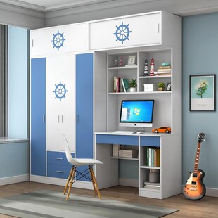 实木儿童衣柜带书桌写字台一体组合储物男生挂衣橱小户型家用卧室