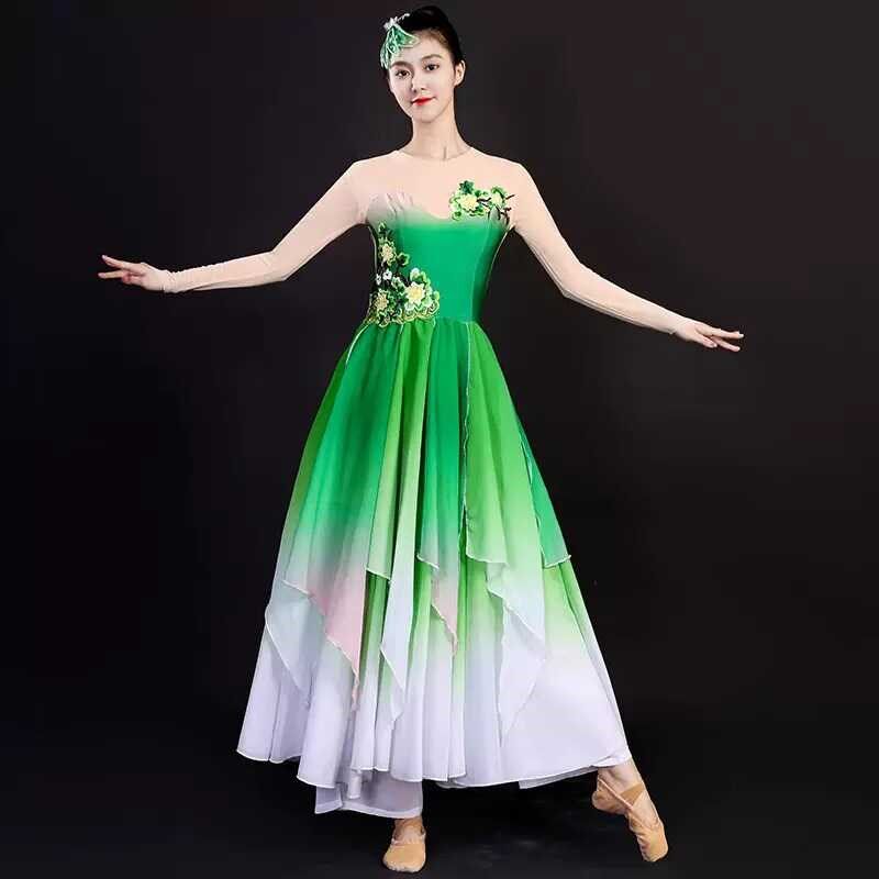 古典舞蹈演出服飘逸茉莉花歌伴舞长裙中国风扇子套装集体剧目表演